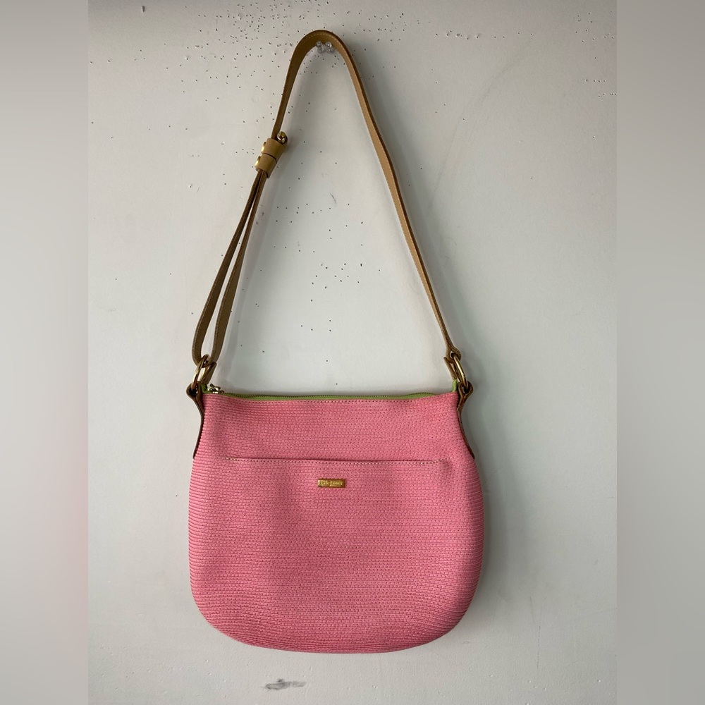Eric Javits NY Pink Woven Raffia Straw Shoulder Bag, Leather Strap & Neon Lining - Picture 3 of 11